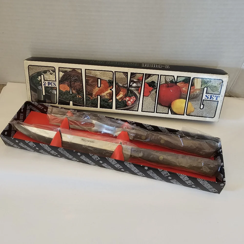 60's Rostfrei Wood Handle Meat Carving Knife & Fork Boxed Set Vintage MCM